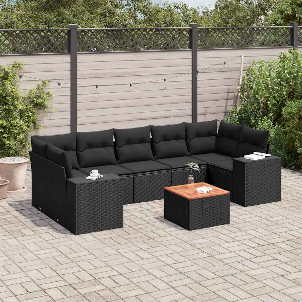 8 Pcs conjunto sofás de jardim com almofadões vime PE preto