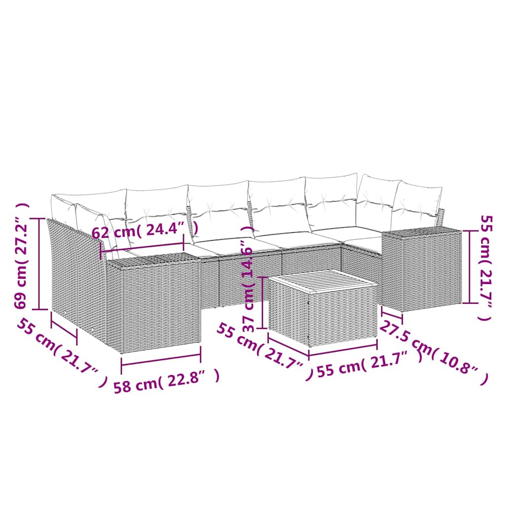 8 Pcs conjunto sofás de jardim com almofadões vime PE preto