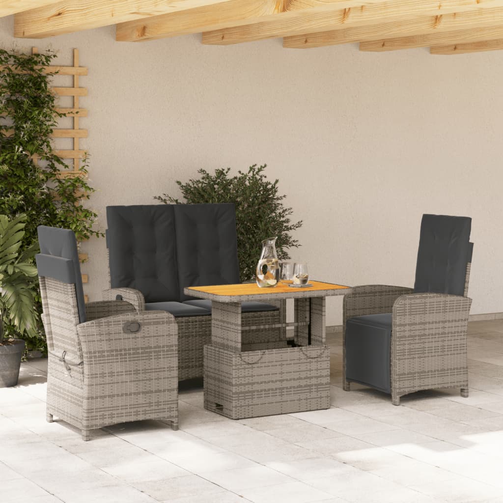 4 Pcs conjunto de jantar p/ jardim c/ almofadões vime PE cinza
