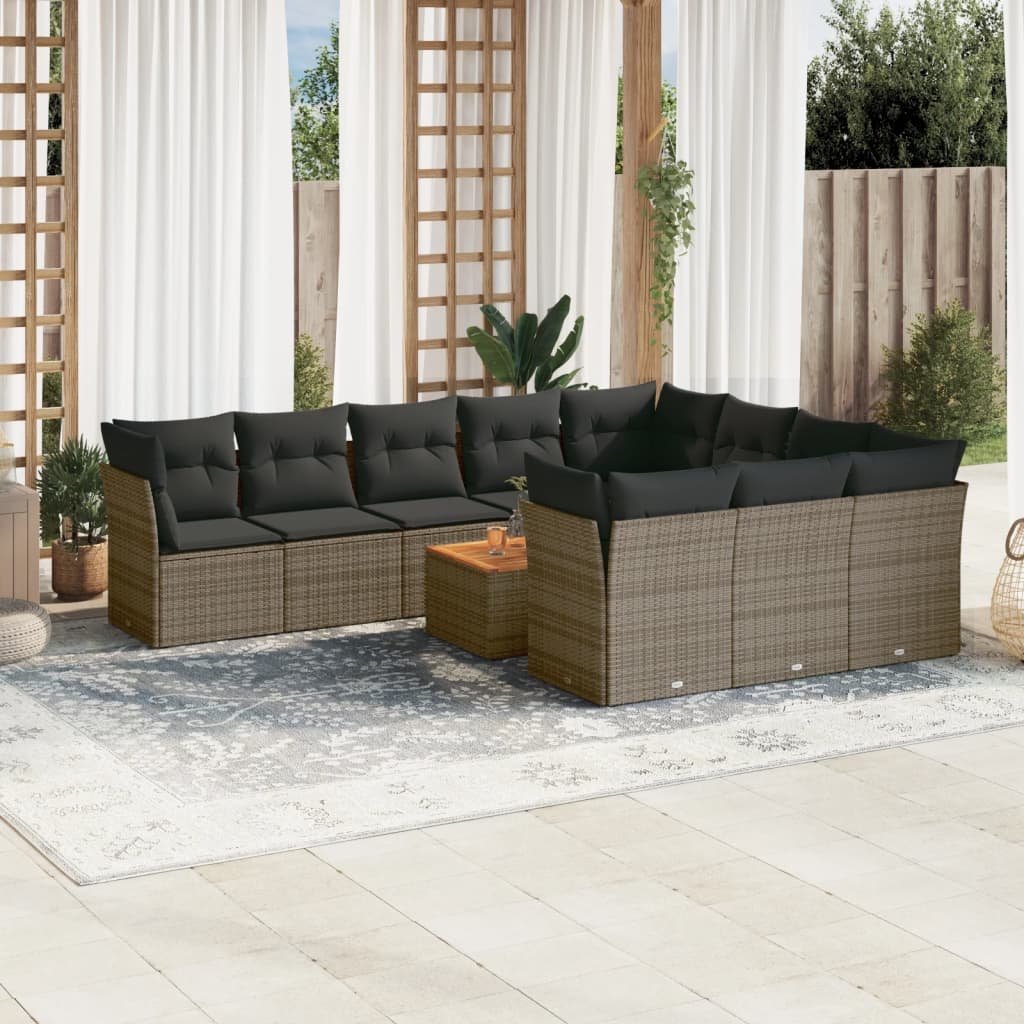 11 Pcs conjunto sofás de jardim c/ almofadões vime PE cinzento