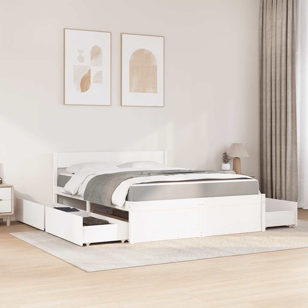 Cama com gavetas e colchão 140x200 cm pinho maciço branco