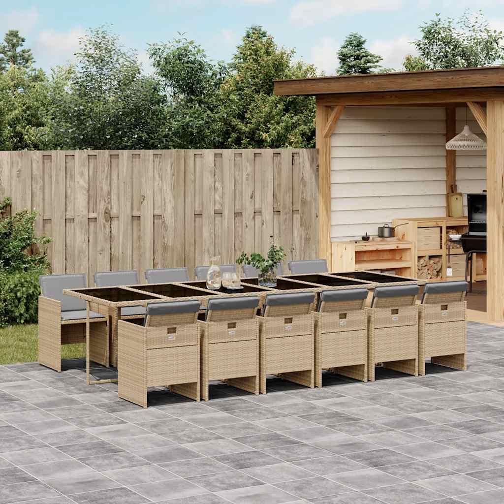 13 Pcs conj. jantar jardim c/ almofadões vime PE bege misturado