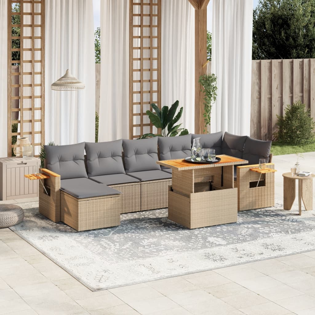 8 Pcs conjunto de sofás p/ jardim com almofadões vime PE bege