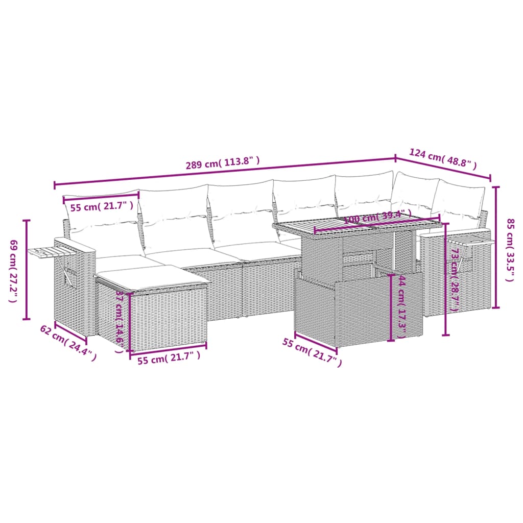 8 Pcs conjunto de sofás p/ jardim com almofadões vime PE bege