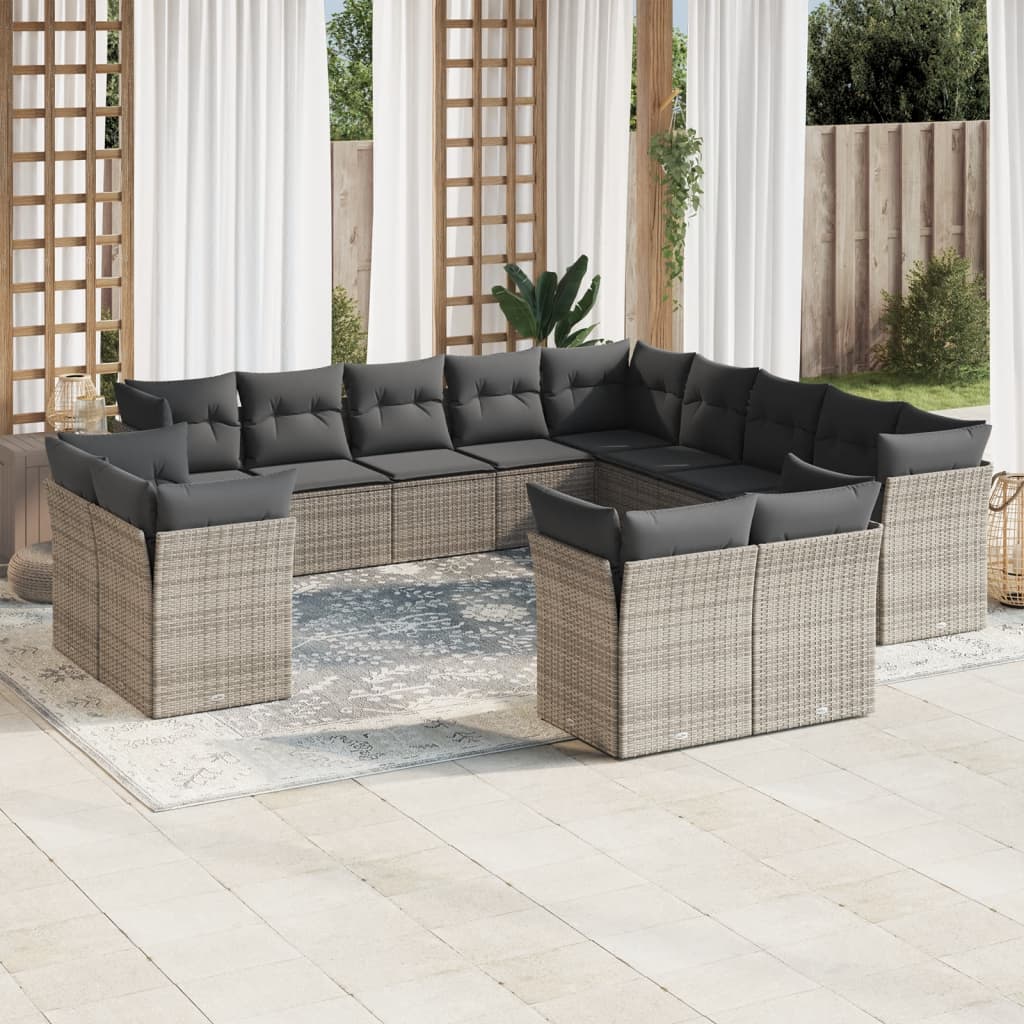 13 Pcs conjunto sofás p/ jardim c/ almofadões vime PE cinzento