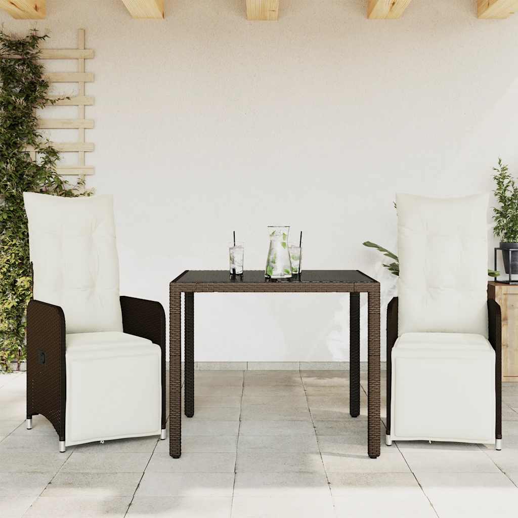 3 Pcs conjunto bistrô de jardim c/ almofadões vime PE castanho