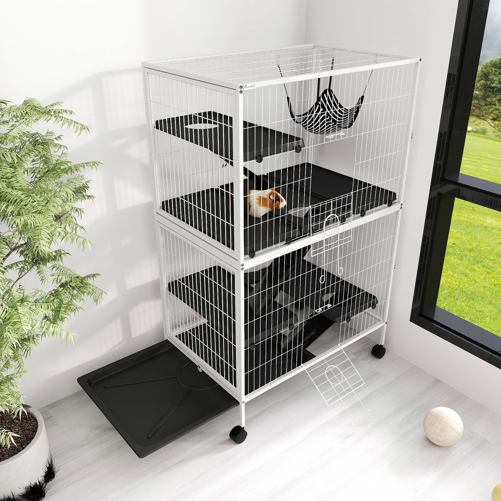 Gaiola para roedores 80x52x128 cm casa de 4 alturas com rampas suspensa rede bandeja removível rodas cinza prateado