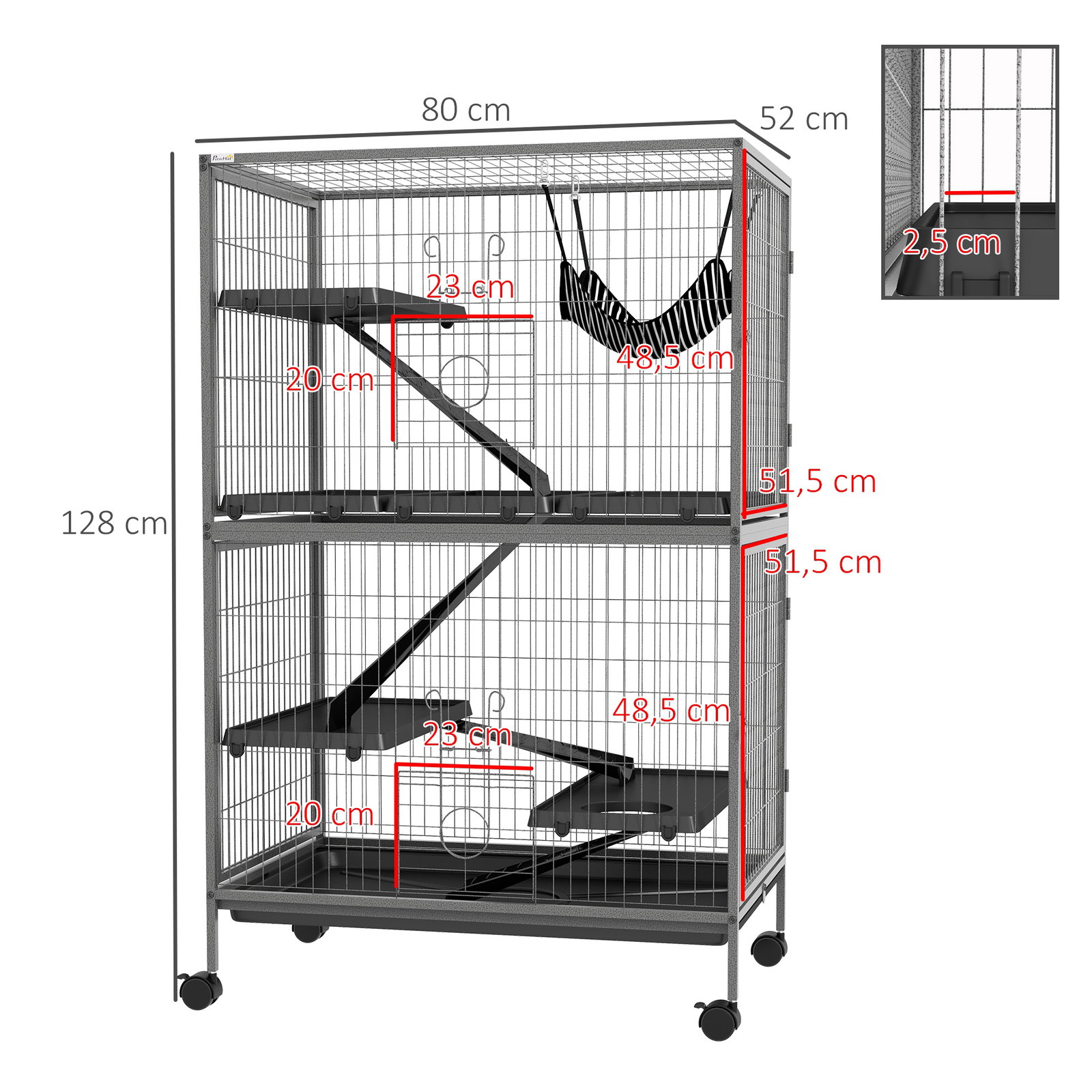 Gaiola para roedores 80x52x128 cm casa de 4 alturas com rampas suspensa rede bandeja removível rodas cinza prateado