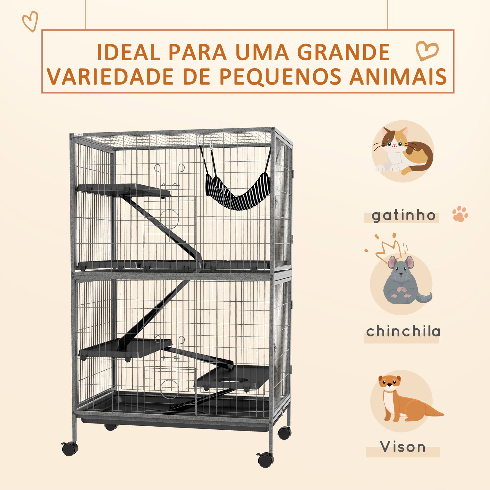 Gaiola para roedores 80x52x128 cm casa de 4 alturas com rampas suspensa rede bandeja removível rodas cinza prateado