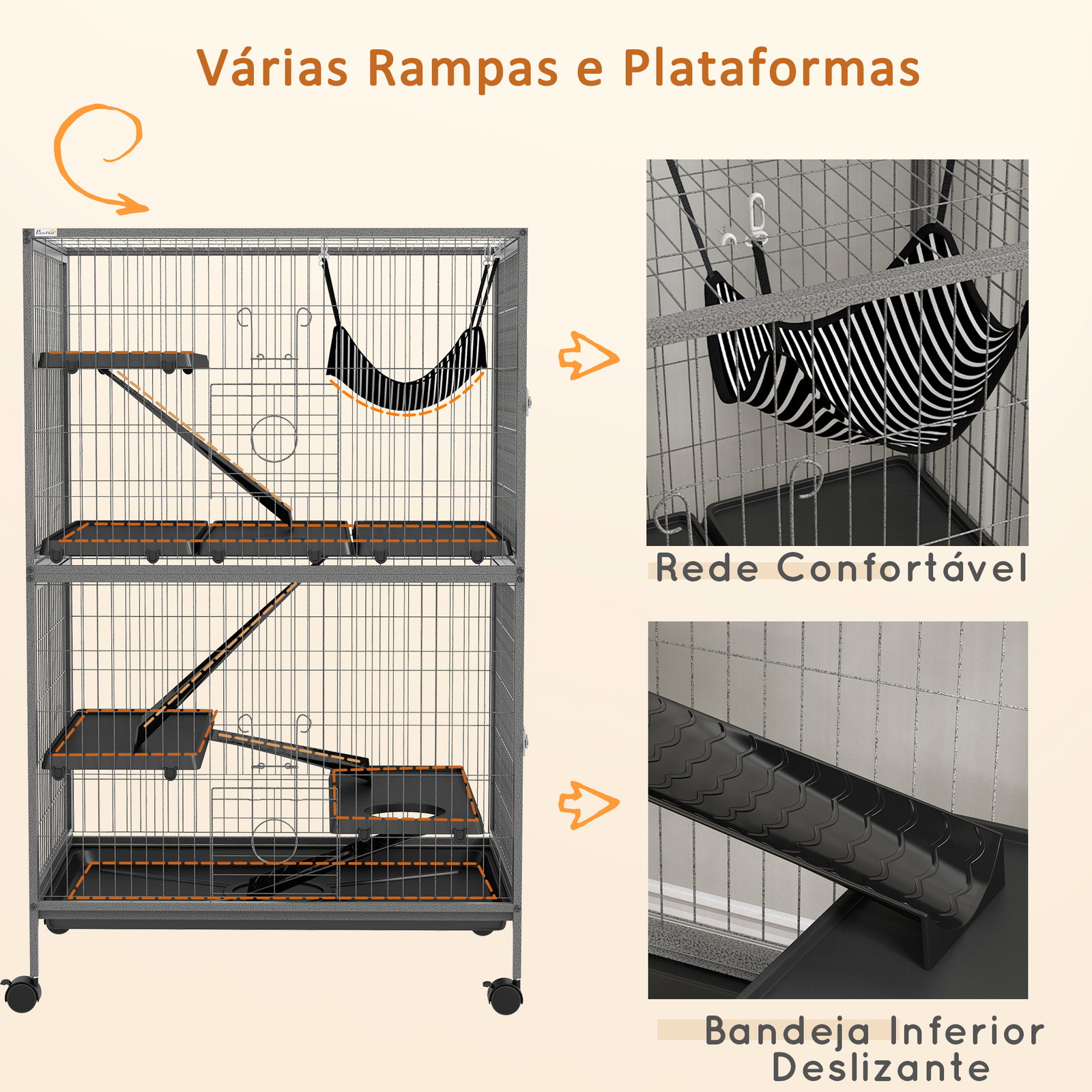 Gaiola para roedores 80x52x128 cm casa de 4 alturas com rampas suspensa rede bandeja removível rodas cinza prateado