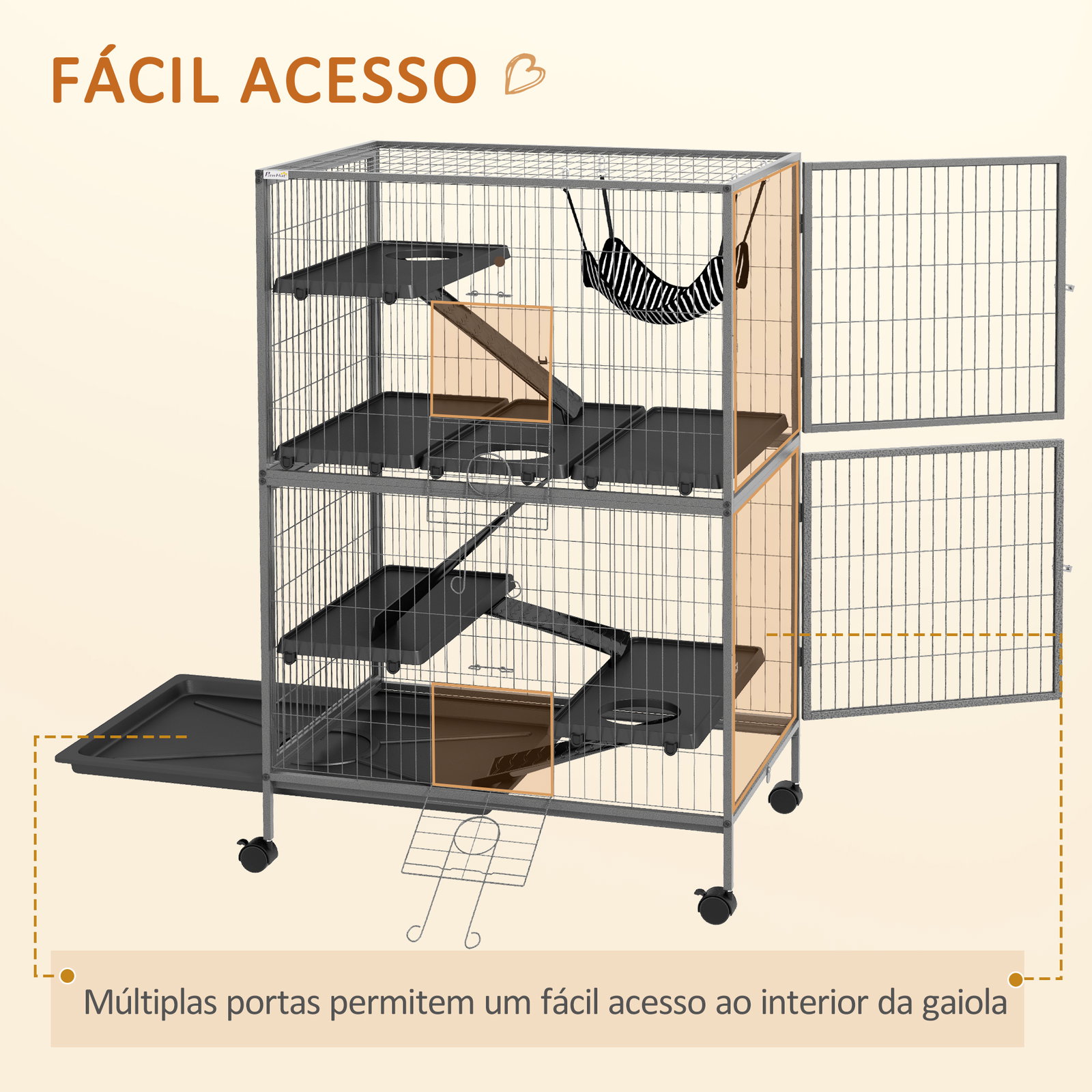 Gaiola para roedores 80x52x128 cm casa de 4 alturas com rampas suspensa rede bandeja removível rodas cinza prateado