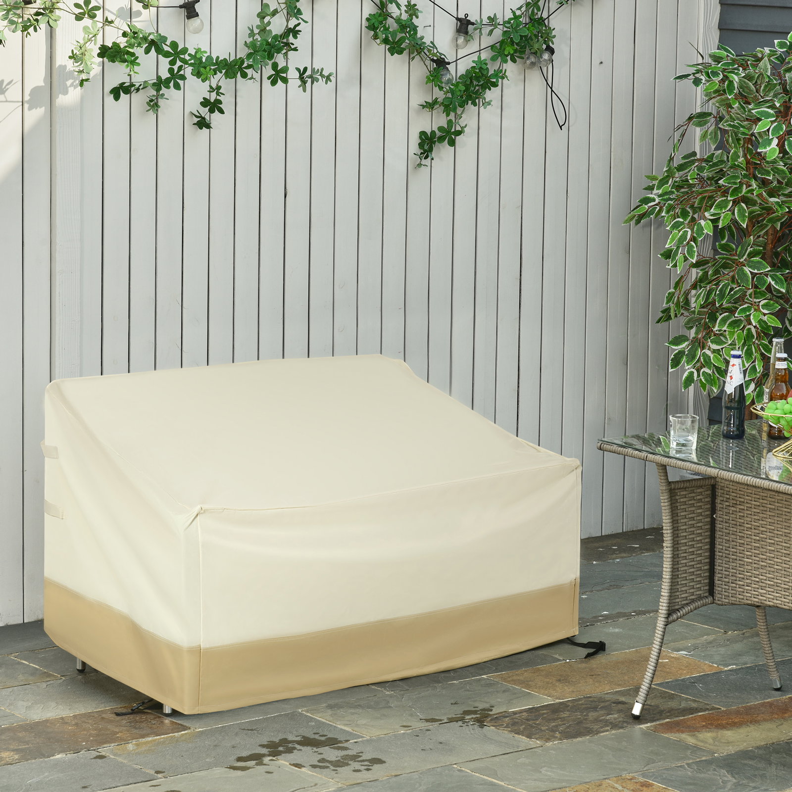 Capa protetora para móveis de jardim 152x87x59-79 cm com tecido oxford 600d impermeável e fivela bege e creme