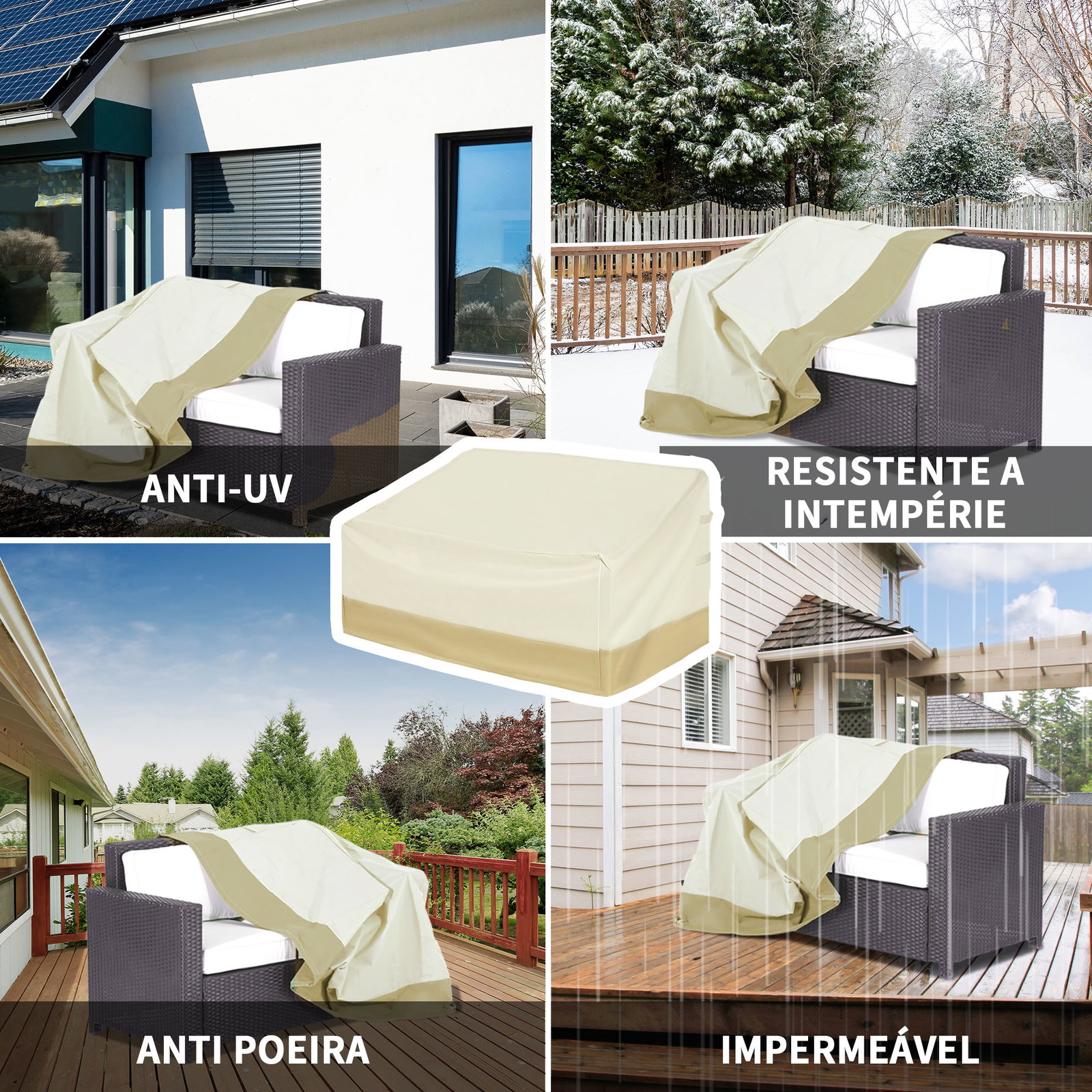 Capa protetora para móveis de jardim 152x87x59-79 cm com tecido oxford 600d impermeável e fivela bege e creme