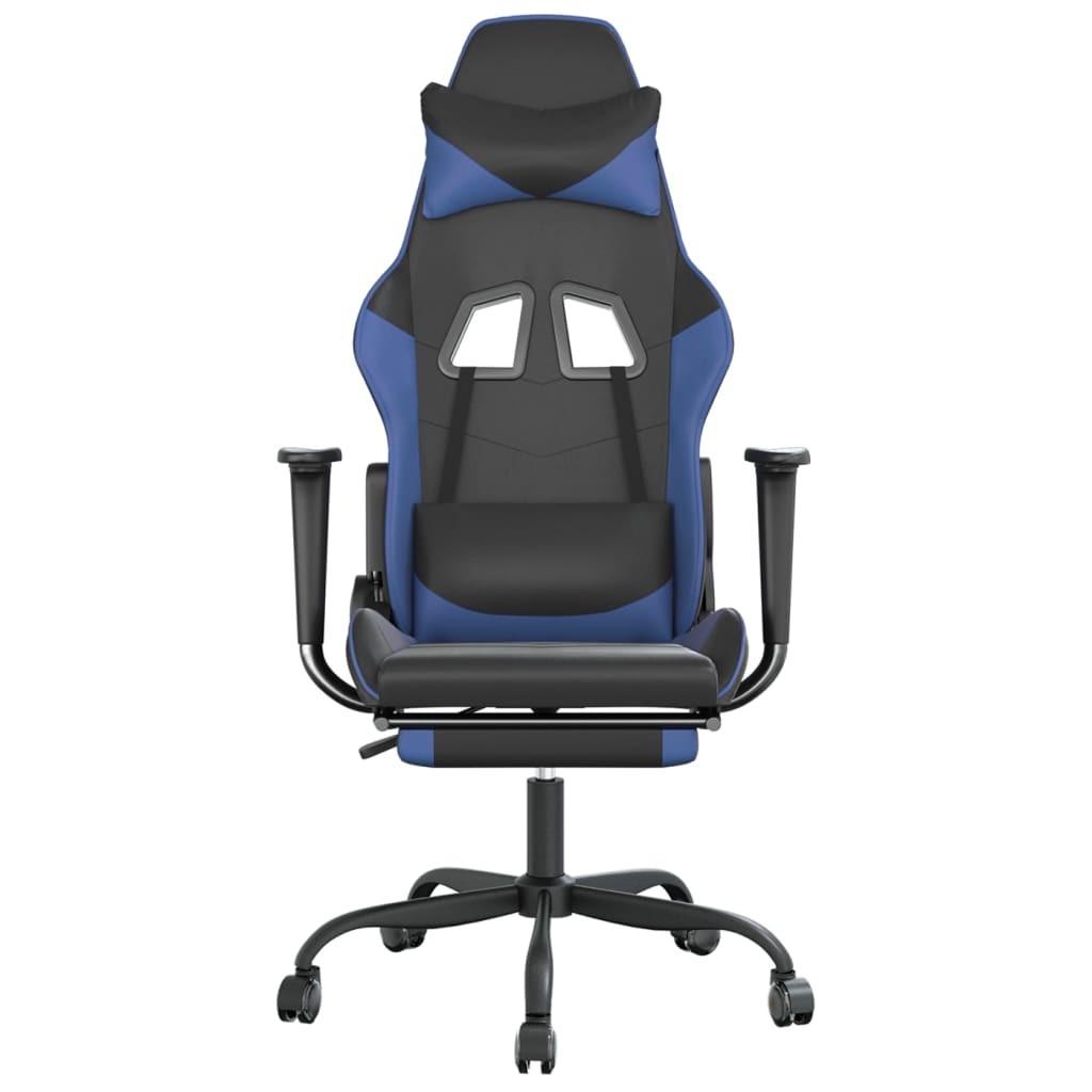 Cadeira gaming c/ apoio para pés couro artificial preto e azul