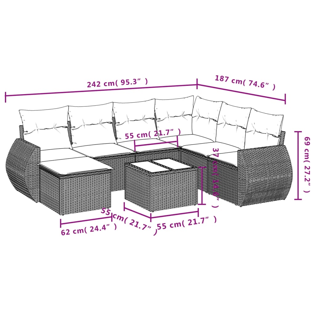 8 Pcs conjunto sofás de jardim com almofadões vime PE preto