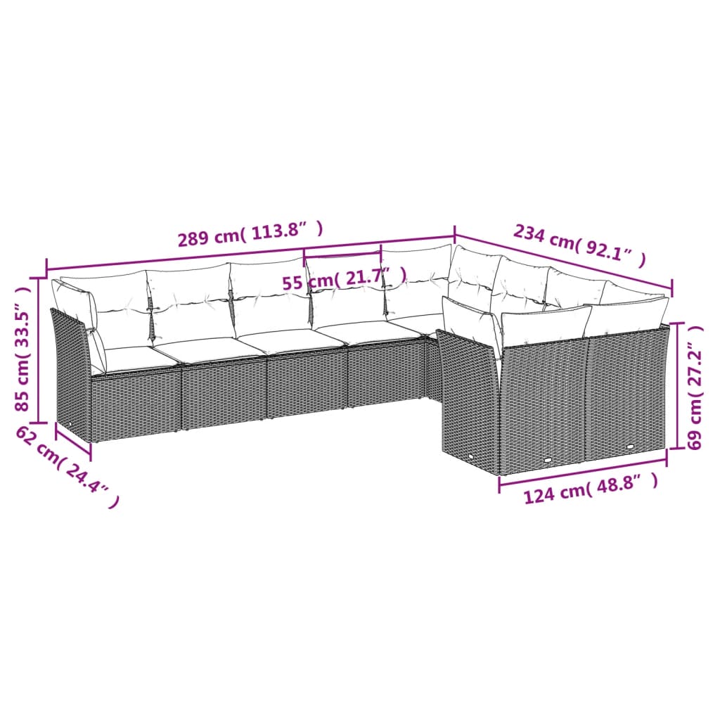 9 Pcs conjunto sofás p/ jardim com almofadões vime PE cinzento