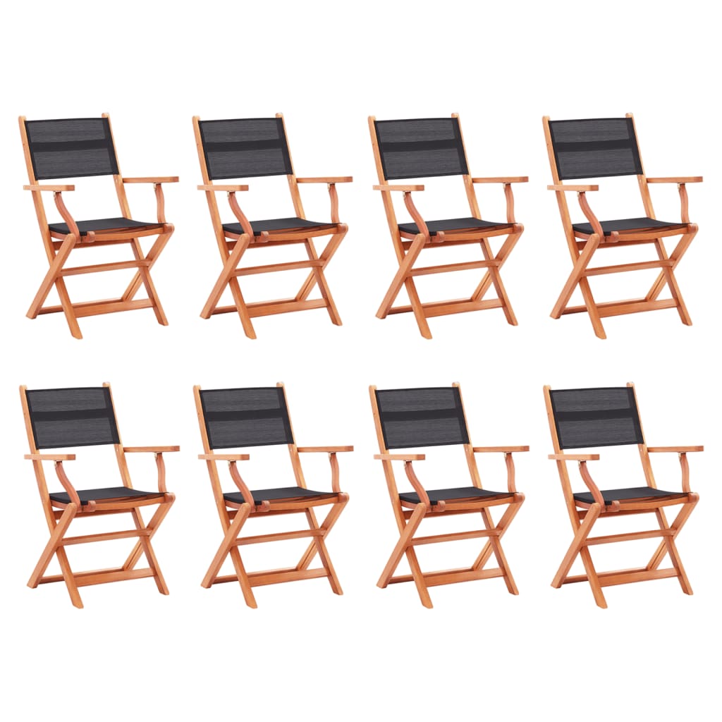 Cadeiras jardim dobráveis 8pcs eucalipto maciço/textilene preto