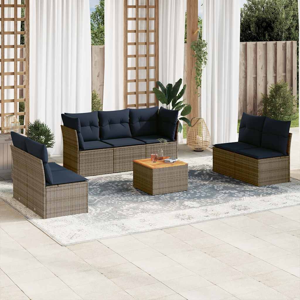 8 Pcs conjunto sofás p/ jardim c/ almofadões vime PE cinzento