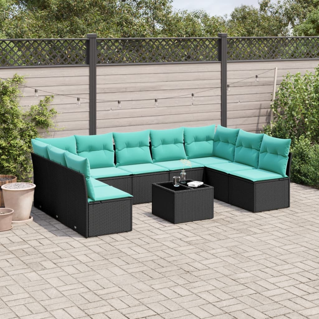 Conjunto de sofá de jardim com 10 peças e almofadas em rattan sintético preto