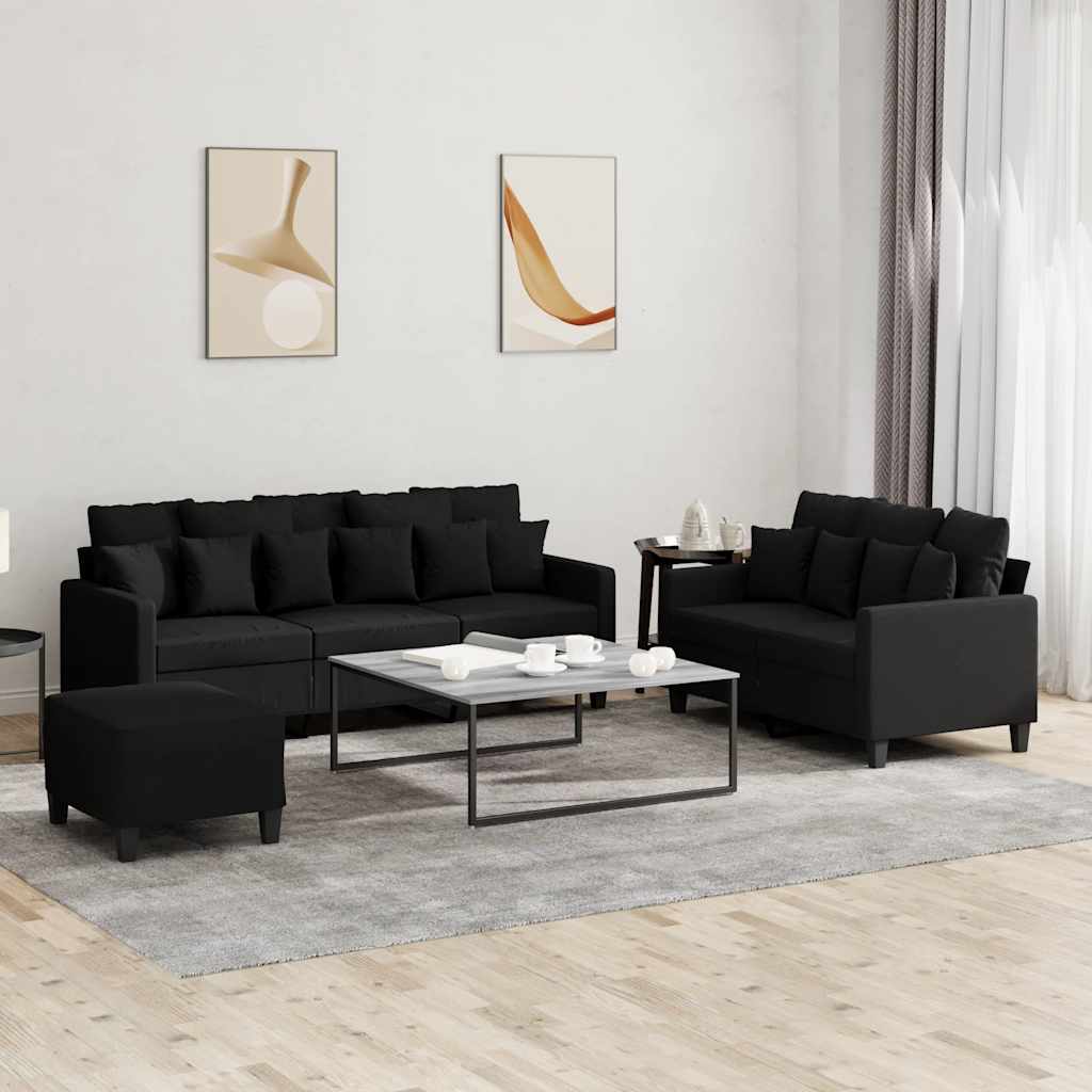 3 Pcs conjunto de sofás com almofadões tecido preto