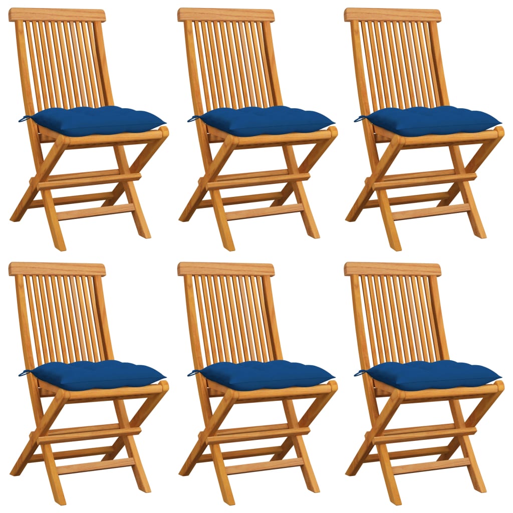 Cadeiras de jardim c/ almofadões azuis 6 pcs teca maciça