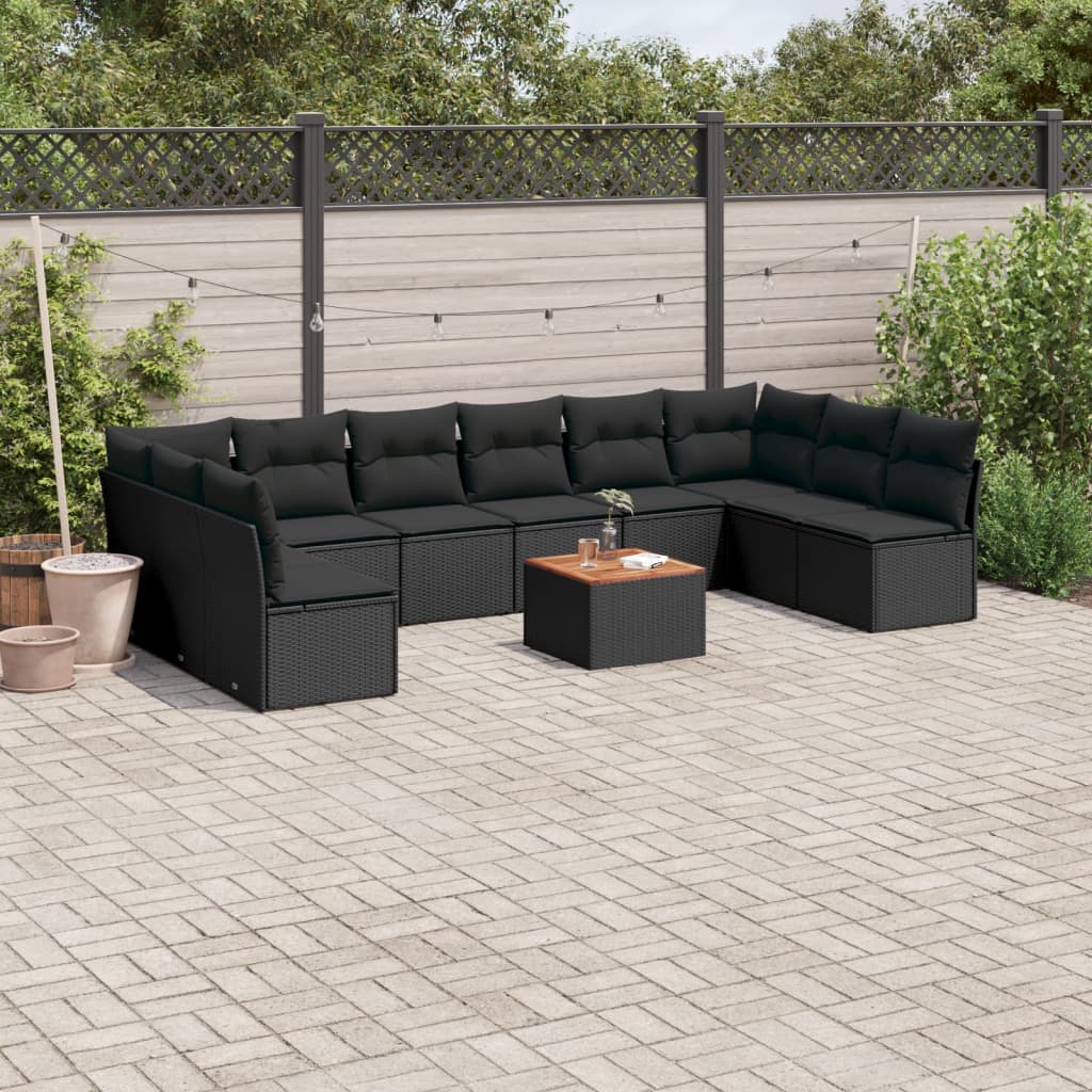 11 Pcs conjunto sofás de jardim c/ almofadões vime PE preto