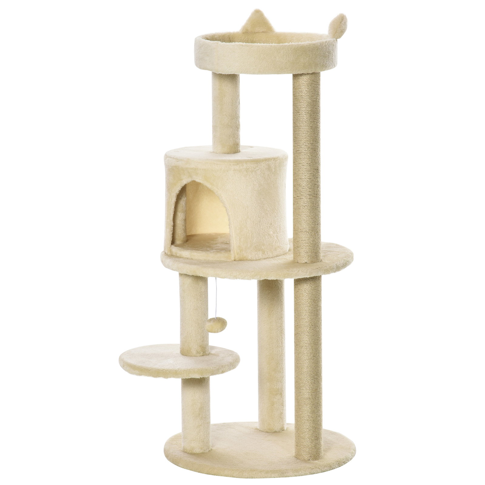 Árvore Arranhador para Gatos com Plataforma Caverna Postes de Sisal e Bola Suspensa 48x48x104 cm Bege