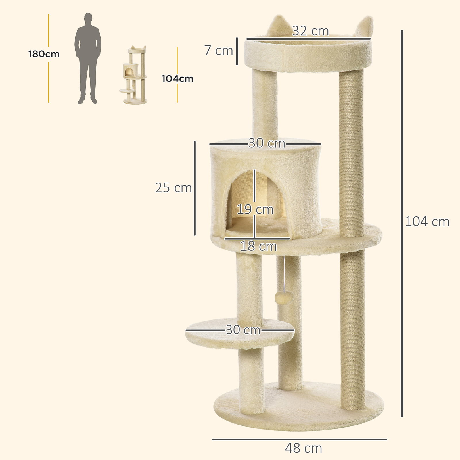 Árvore Arranhador para Gatos com Plataforma Caverna Postes de Sisal e Bola Suspensa 48x48x104 cm Bege