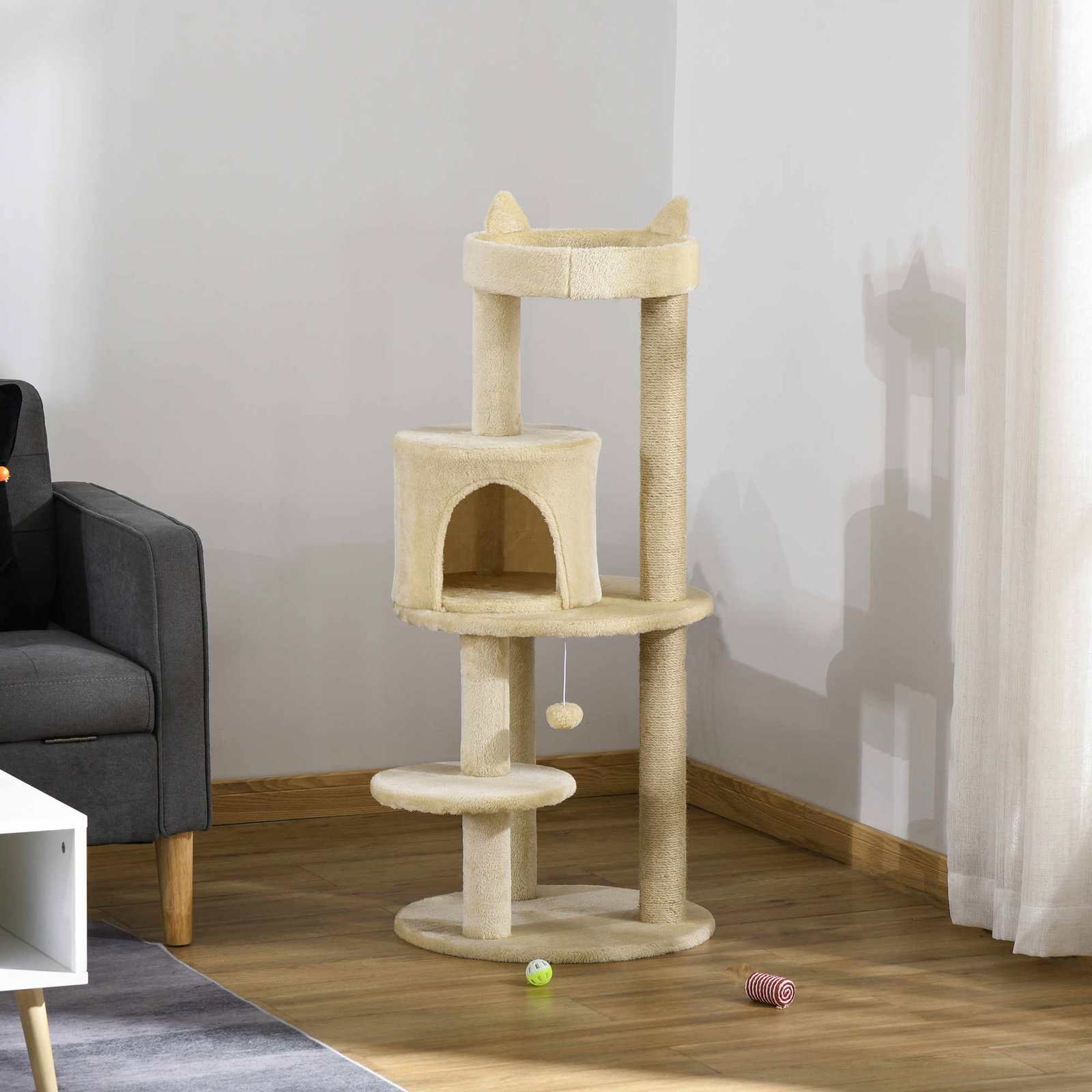 Árvore Arranhador para Gatos com Plataforma Caverna Postes de Sisal e Bola Suspensa 48x48x104 cm Bege