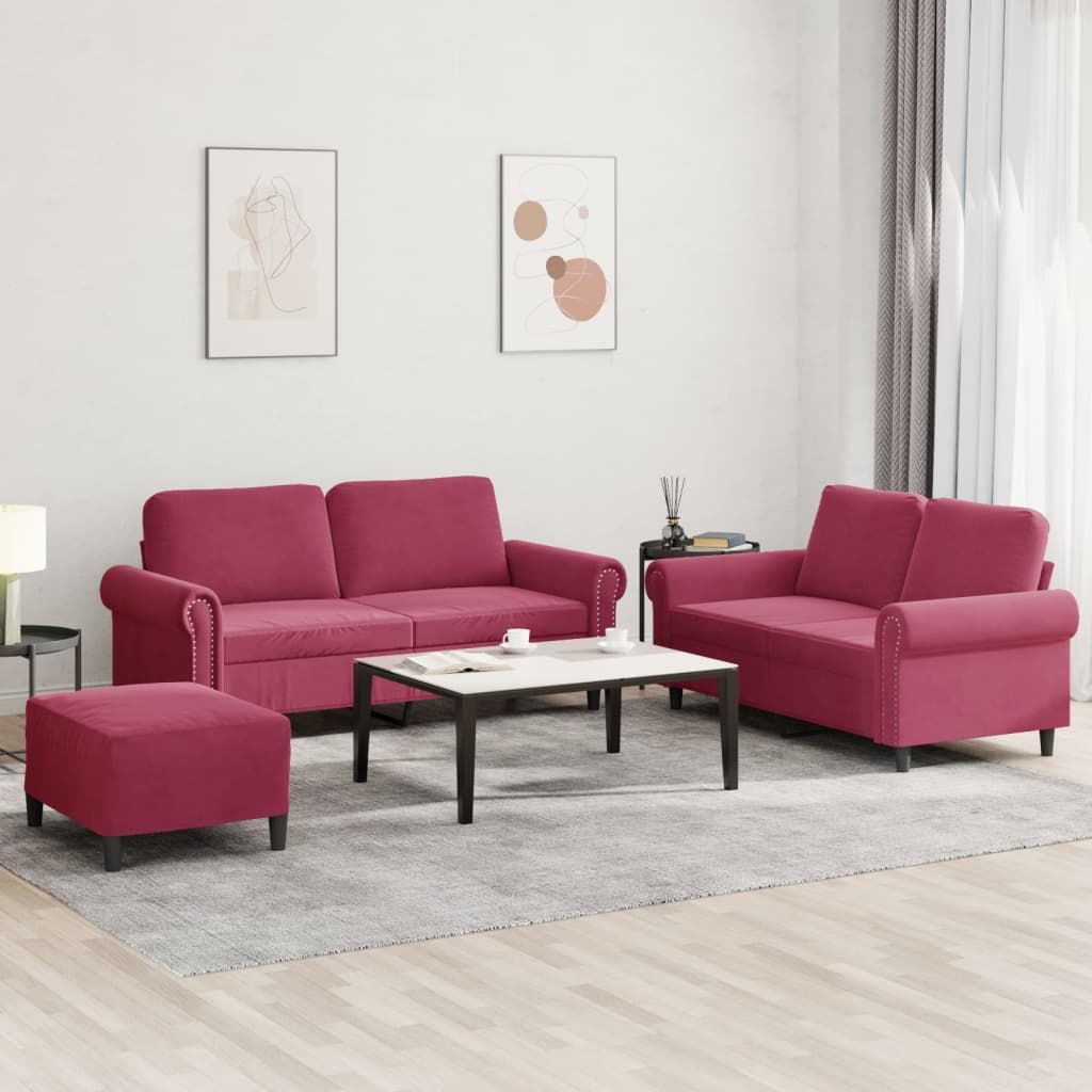 3 Pcs conjunto de sofás com almofadões veludo vermelho tinto