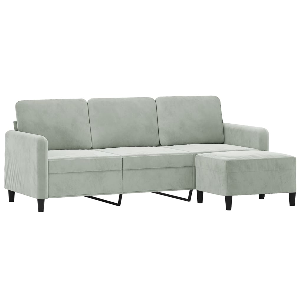Sofá de 3 lugares com apoio de pés 180 cm veludo cinzento-claro