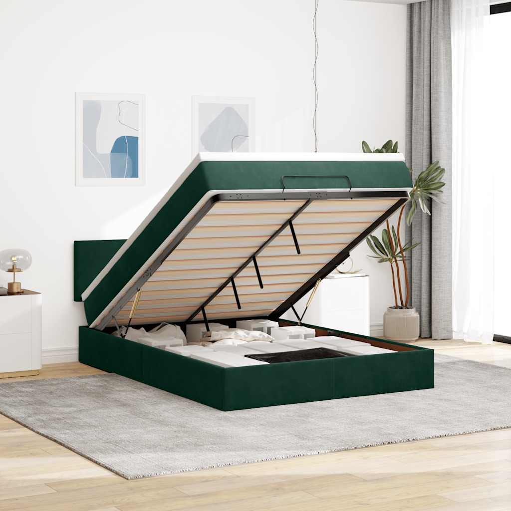 Estrutura de cama otomana com colchão 140x200 cm verde escuro
