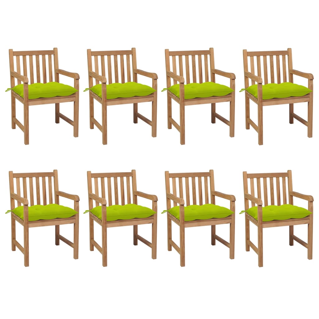 Cadeiras de jardim almofadões verde brilhante 8 pcs teca maciça