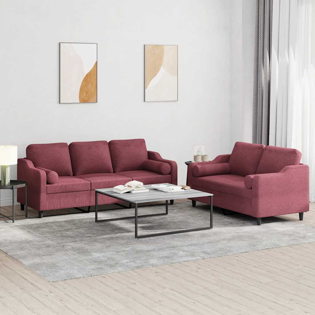 2 Pcs conjunto de sofás com almofadas tecido vermelho-tinto