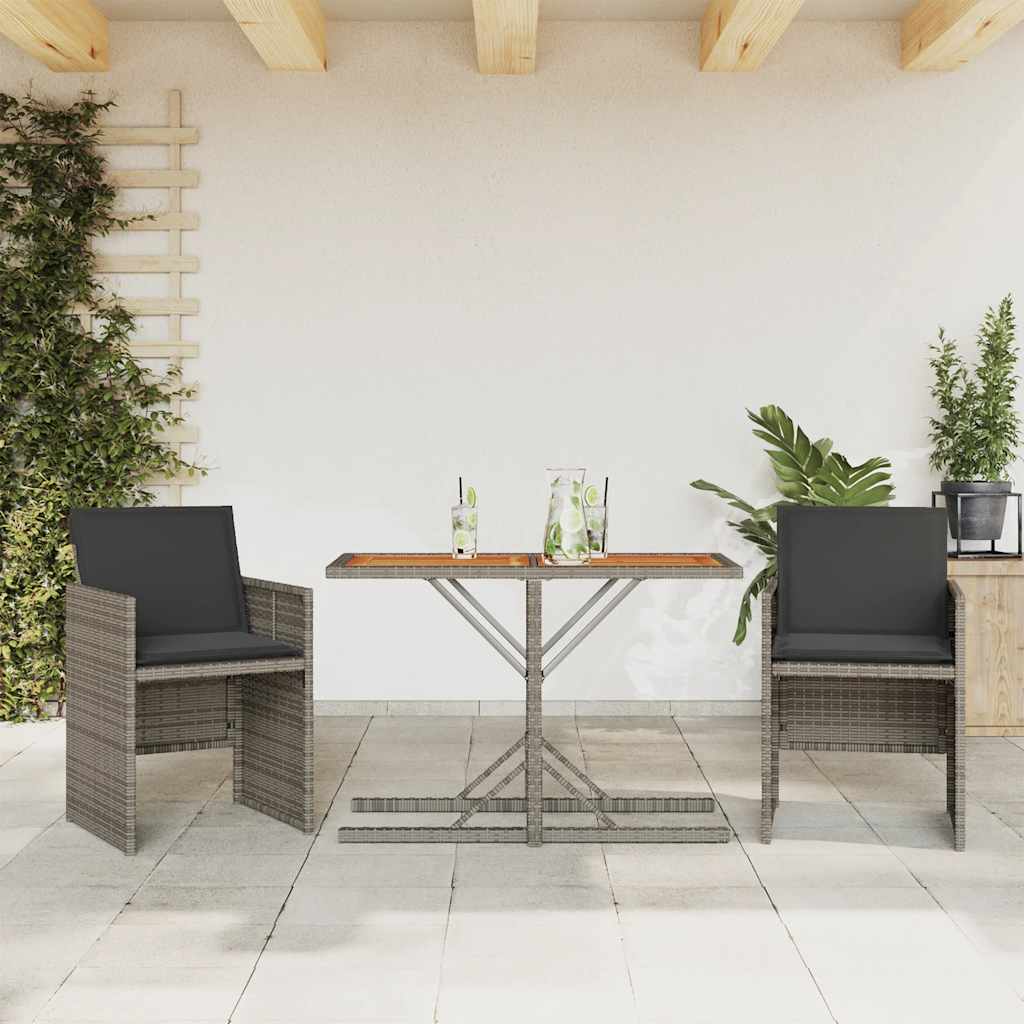 3 Pcs conjunto bistrô com almofadões vime PE cinza