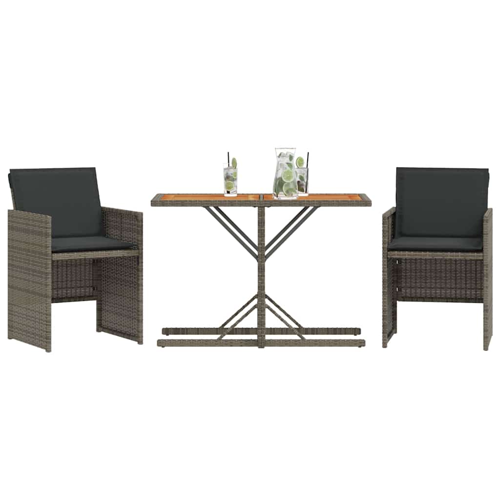 3 Pcs conjunto bistrô com almofadões vime PE cinza