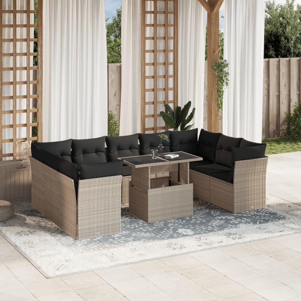 10 Pcs conj. sofás jardim com almofadões vime PE cinzento-claro