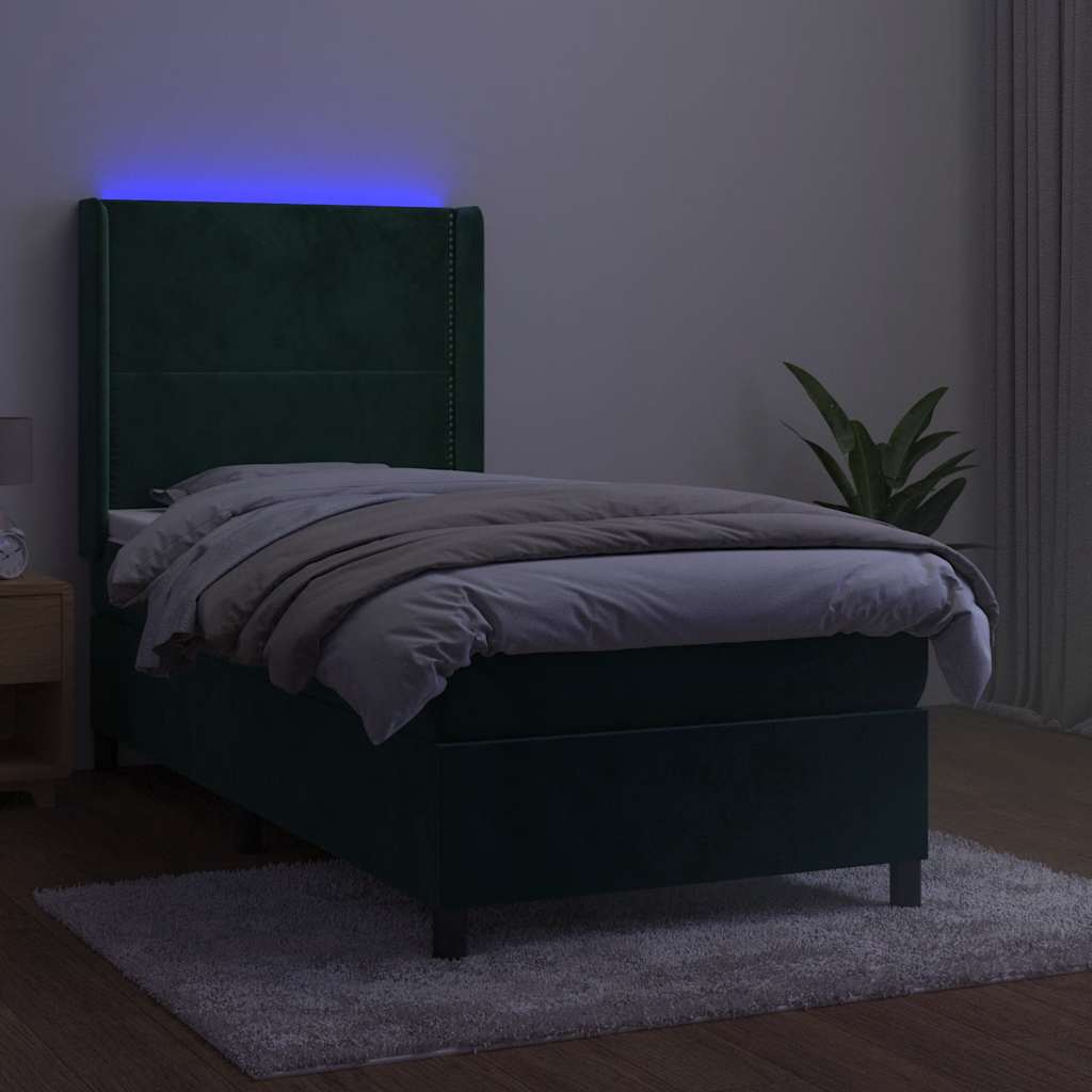 Cama box spring c/ colchão/LED 90x200 cm veludo verde-escuro