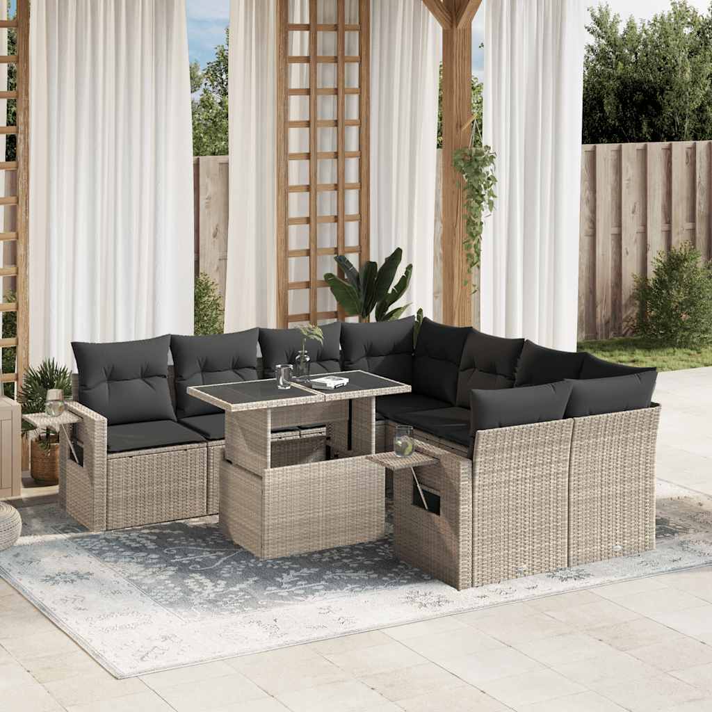 9 Pcs conj. sofás jardim com almofadões vime PE cinzento-claro