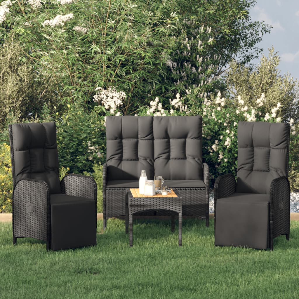 4 Pcs conjunto de jardim p/ jardim c/ almofadões vime PE preto