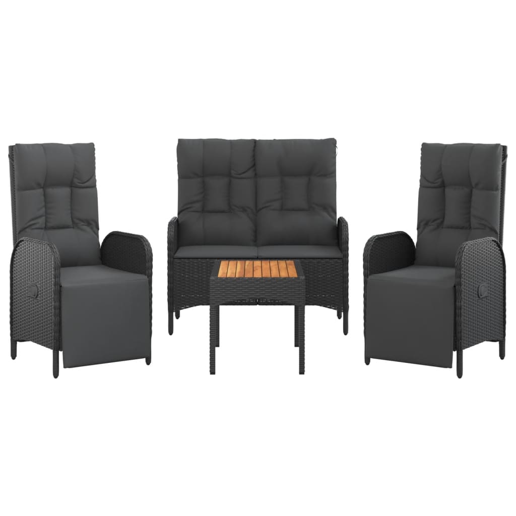 4 Pcs conjunto de jardim p/ jardim c/ almofadões vime PE preto