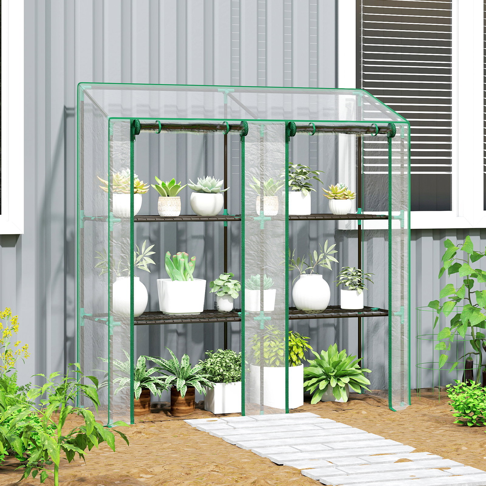 Estufa de jardim de 3 níveis estufa de terraço para cultivo de plantas em pátio 143x46x141/151 cm transparente