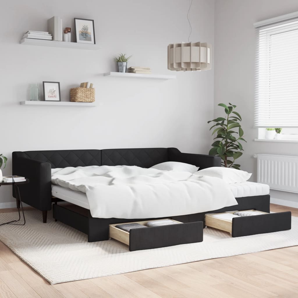 Sofá-cama com gavetão e gavetas 100x200 cm tecido preto