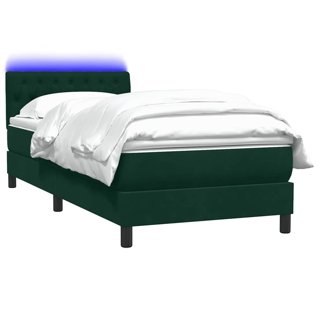 Cama box spring c/ colchão e LED verde-escuro 80x220 cm veludo