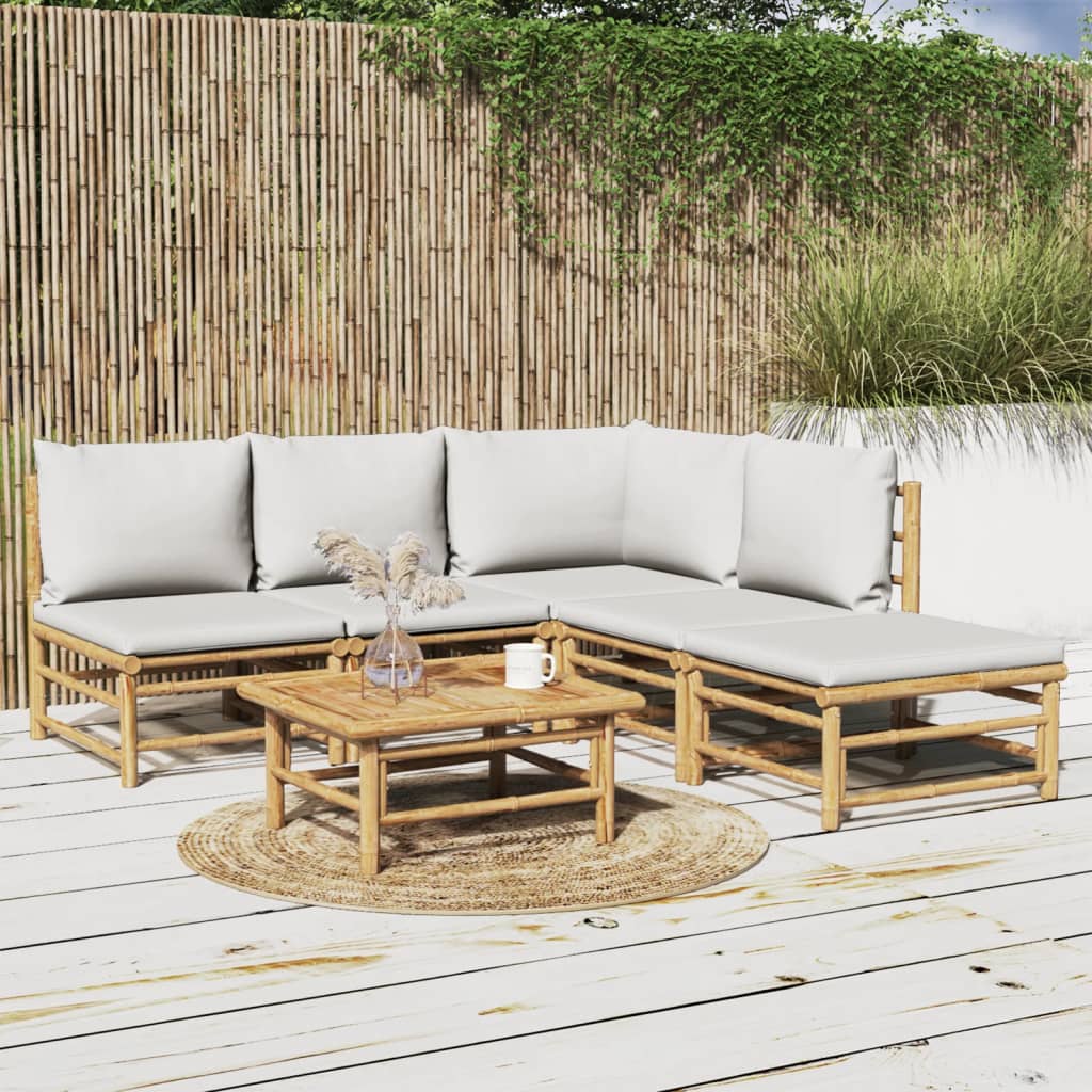 6 Pcs conj. lounge de jardim bambu c/ almofadões cinzento-claro