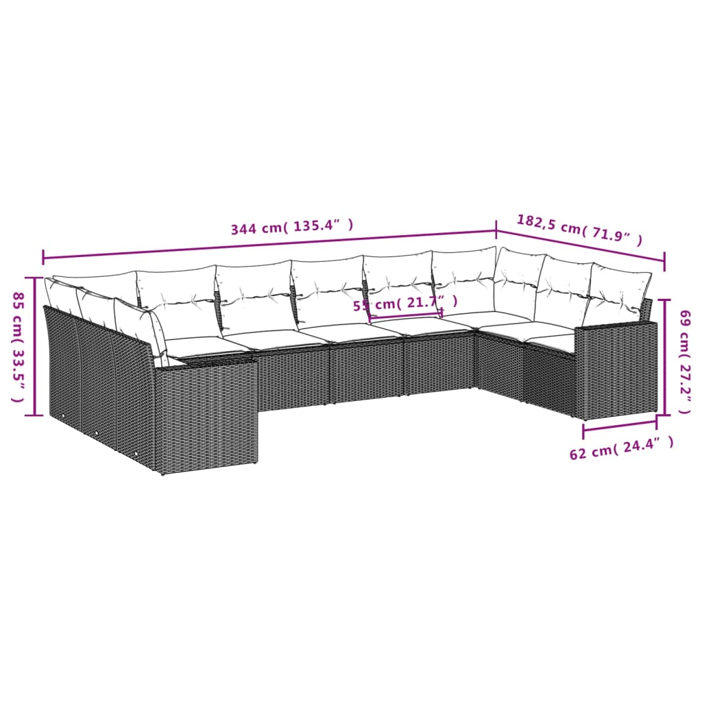 10 Pcs conjunto sofás de jardim c/ almofadões vime PE preto