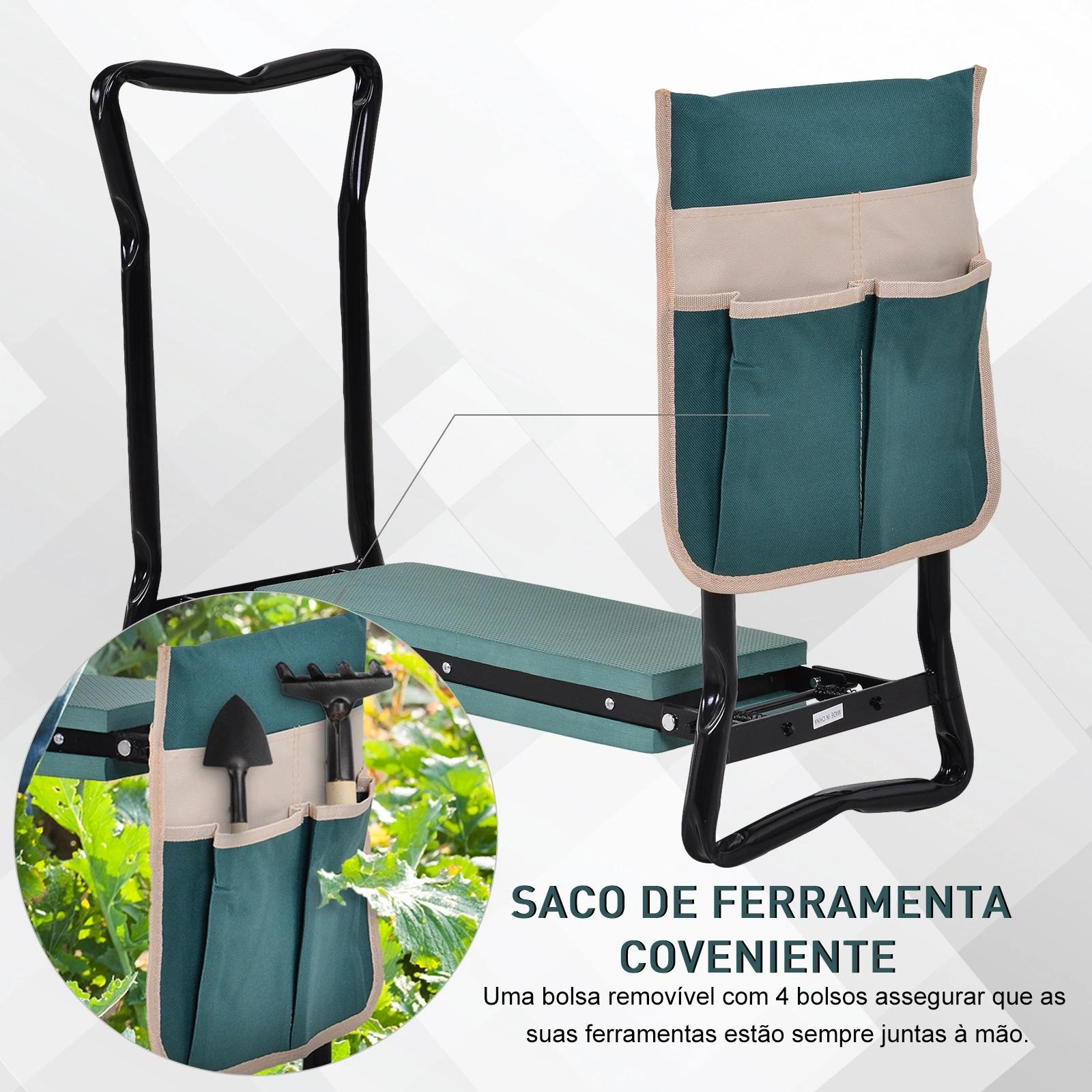 Banco de Jardim Dobrável com Bolsa para Ferramentas Almofada de Proteção para Joelhos Assento de Jardim com Joelheira Altura Aju