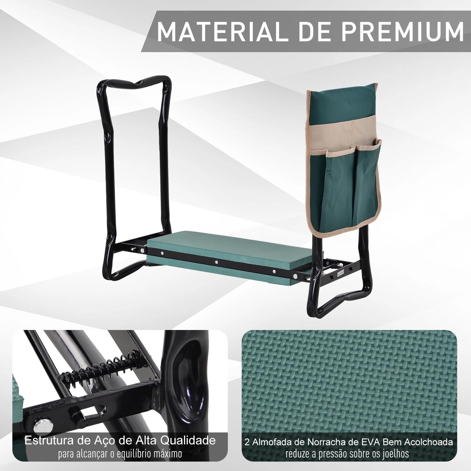 Banco de Jardim Dobrável com Bolsa para Ferramentas Almofada de Proteção para Joelhos Assento de Jardim com Joelheira Altura Aju