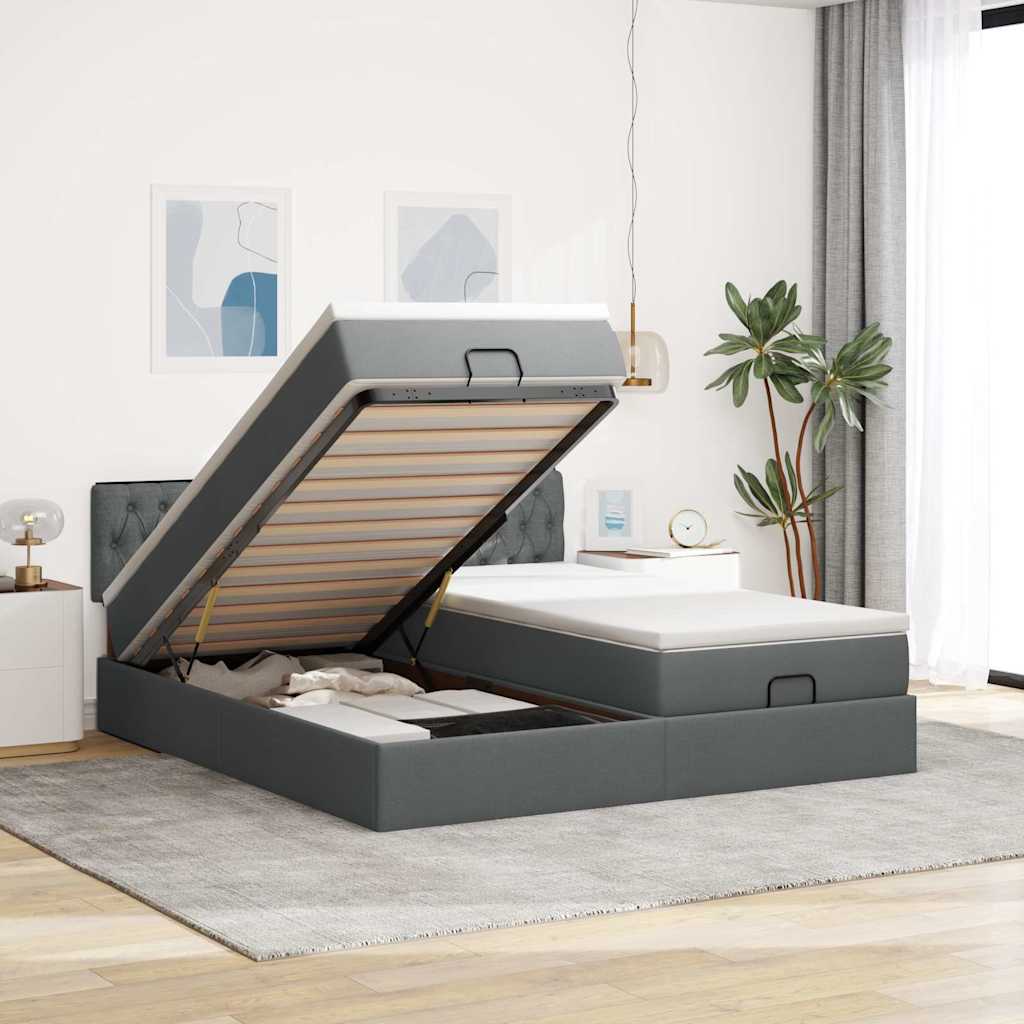 Estrutura de cama otomana com colchões tecido cinzento escuro