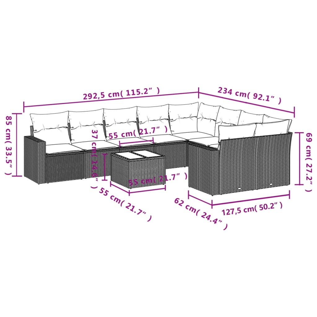 10 Pcs conjunto de sofás p/ jardim com almofadões vime PE bege
